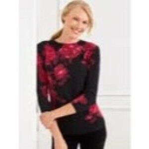 Talbots Pure Cashmere Audrey Sweater Black Red Ikat Roses Print Size Large
